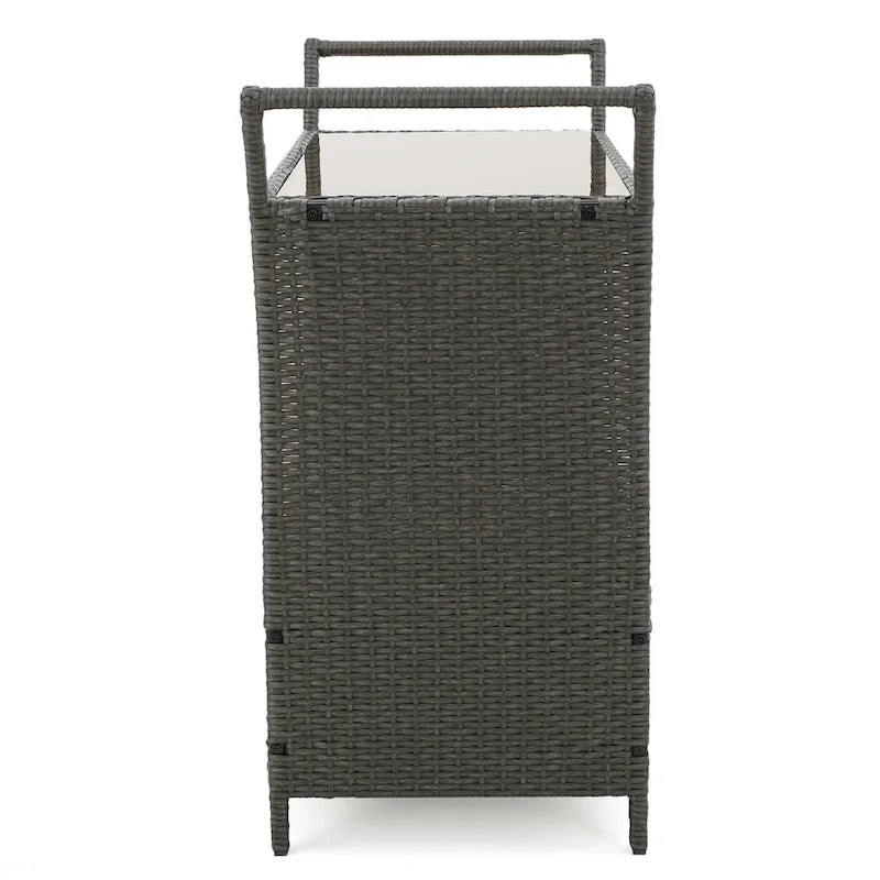 Outdoor Rattan Bar Cart with Removable Ice Bucket & Tempered Glass Top