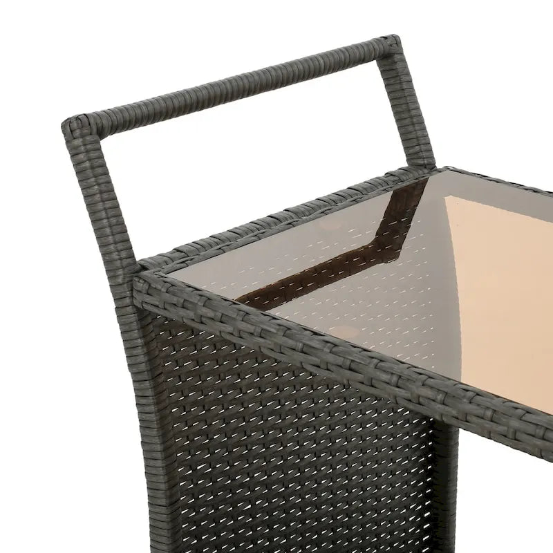 Outdoor Rattan Bar Cart with Removable Ice Bucket & Tempered Glass Top