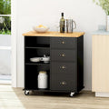 Modern Kitchen Cart with Rubberwood Top, Cabinet Storage, Four Drawers, Three Open Shelves and Lockable Rolling Casters