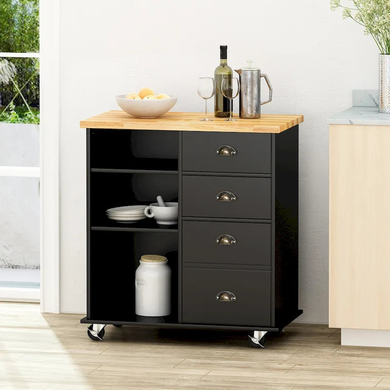Modern Kitchen Cart with Rubberwood Top, Cabinet Storage, Four Drawers, Three Open Shelves and Lockable Rolling Casters