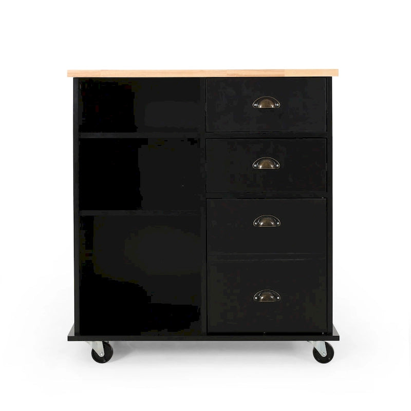 Modern Kitchen Cart with Rubberwood Top, Cabinet Storage, Four Drawers, Three Open Shelves and Lockable Rolling Casters