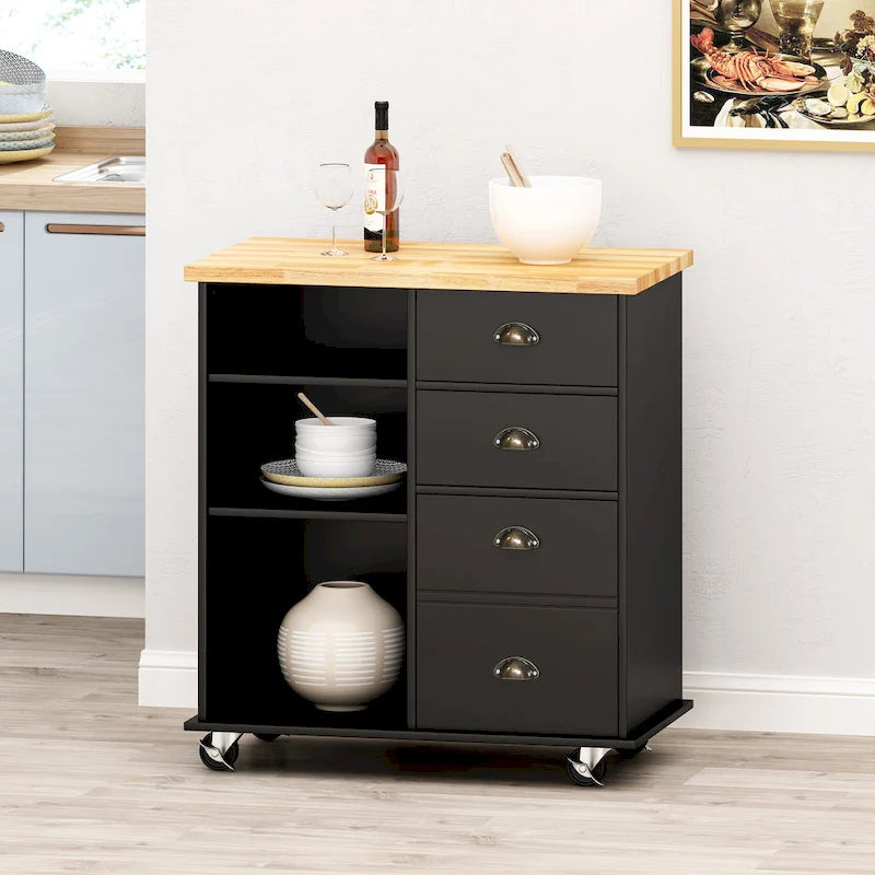 Modern Kitchen Cart with Rubberwood Top, Cabinet Storage, Four Drawers, Three Open Shelves and Lockable Rolling Casters