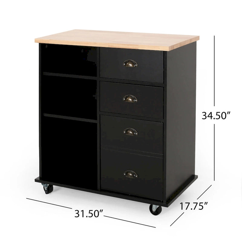 Modern Kitchen Cart with Rubberwood Top, Cabinet Storage, Four Drawers, Three Open Shelves and Lockable Rolling Casters