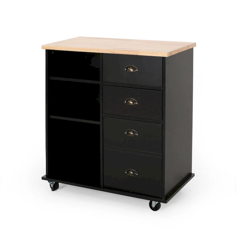 Modern Kitchen Cart with Rubberwood Top, Cabinet Storage, Four Drawers, Three Open Shelves and Lockable Rolling Casters