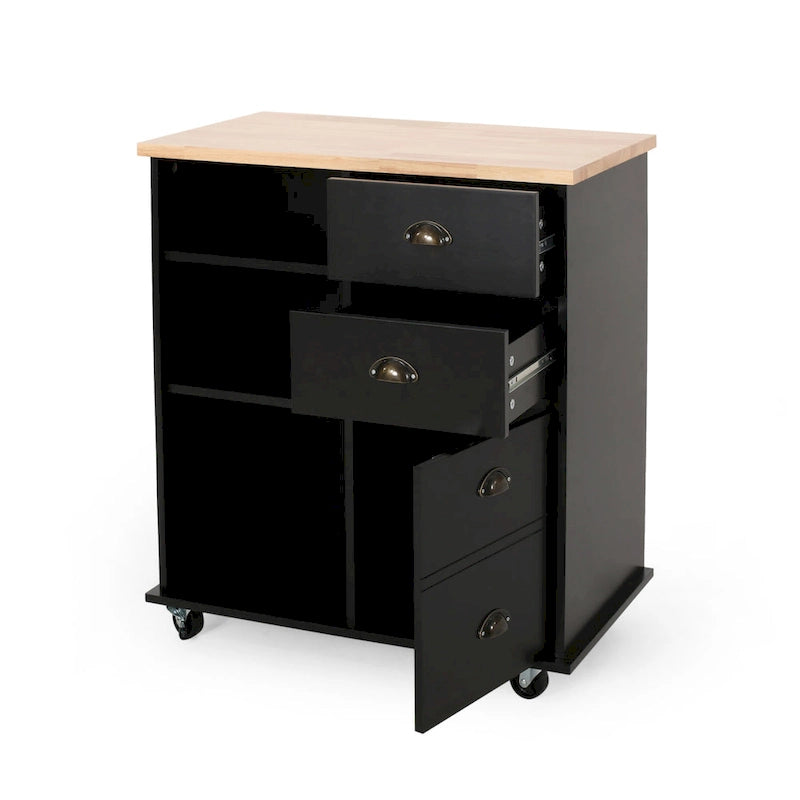 Modern Kitchen Cart with Rubberwood Top, Cabinet Storage, Four Drawers, Three Open Shelves and Lockable Rolling Casters
