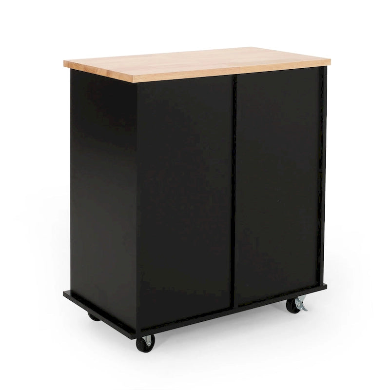 Modern Kitchen Cart with Rubberwood Top, Cabinet Storage, Four Drawers, Three Open Shelves and Lockable Rolling Casters