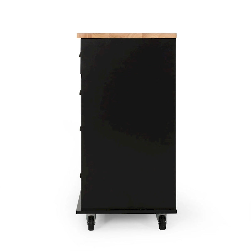Modern Kitchen Cart with Rubberwood Top, Cabinet Storage, Four Drawers, Three Open Shelves and Lockable Rolling Casters