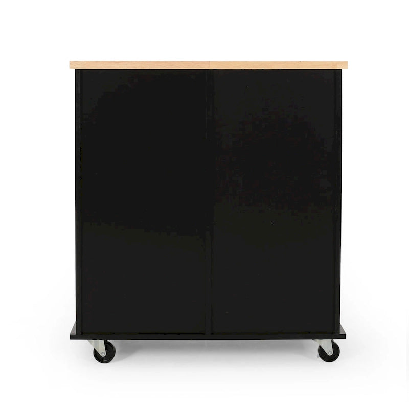 Modern Kitchen Cart with Rubberwood Top, Cabinet Storage, Four Drawers, Three Open Shelves and Lockable Rolling Casters