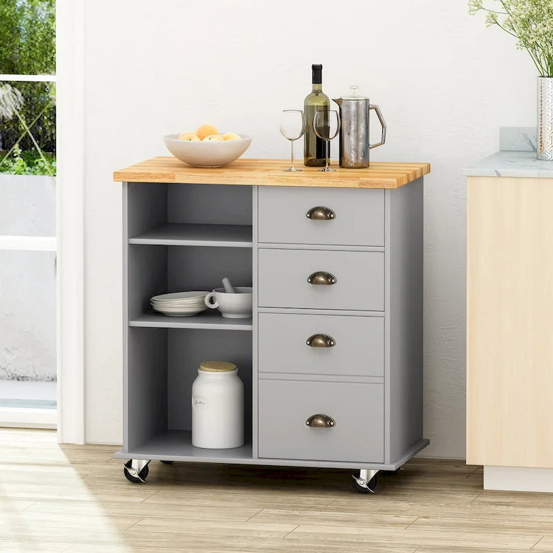Modern Kitchen Cart with Rubberwood Top, Cabinet Storage, Four Drawers, Three Open Shelves and Lockable Rolling Casters