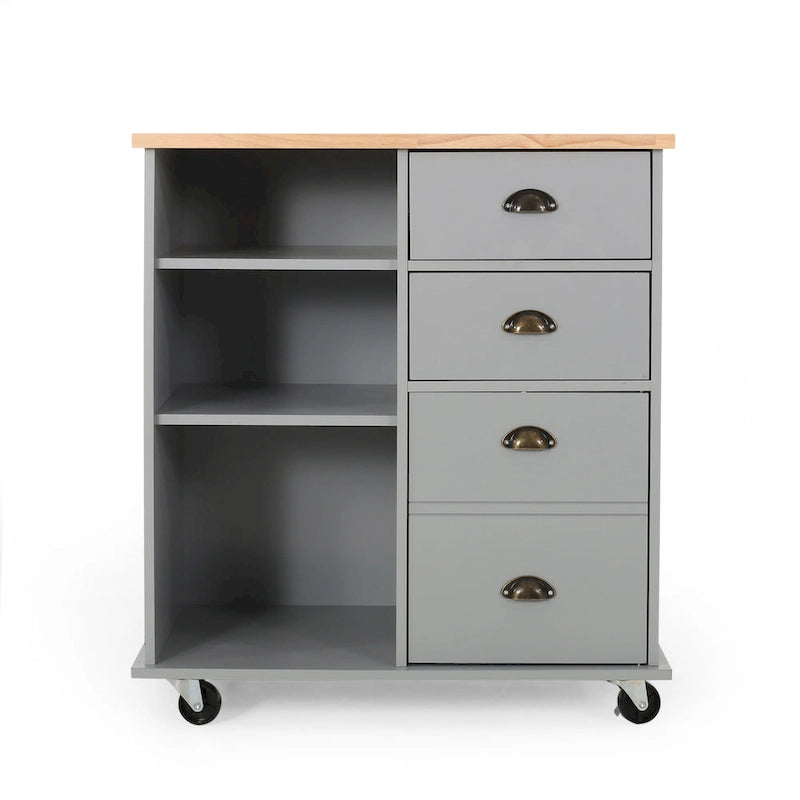 Modern Kitchen Cart with Rubberwood Top, Cabinet Storage, Four Drawers, Three Open Shelves and Lockable Rolling Casters