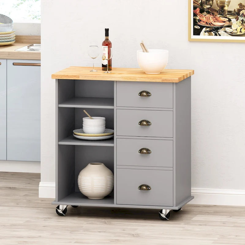 Modern Kitchen Cart with Rubberwood Top, Cabinet Storage, Four Drawers, Three Open Shelves and Lockable Rolling Casters