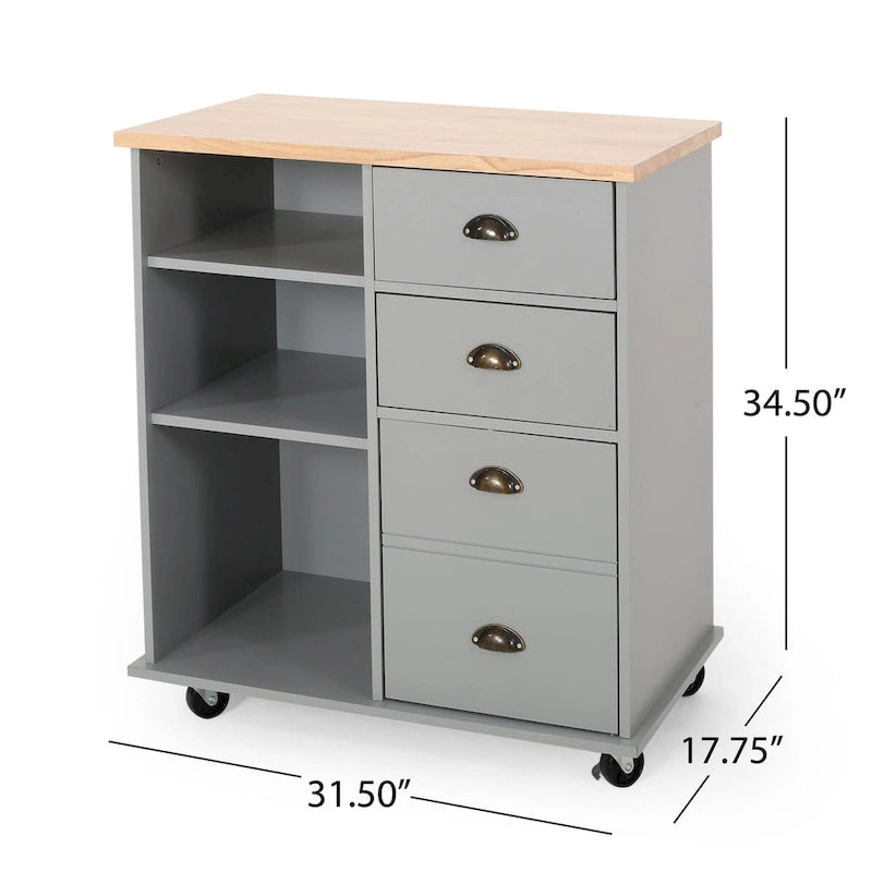 Modern Kitchen Cart with Rubberwood Top, Cabinet Storage, Four Drawers, Three Open Shelves and Lockable Rolling Casters