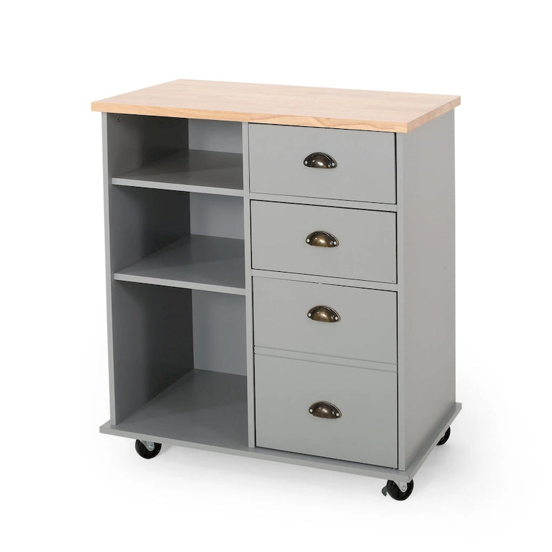 Modern Kitchen Cart with Rubberwood Top, Cabinet Storage, Four Drawers, Three Open Shelves and Lockable Rolling Casters