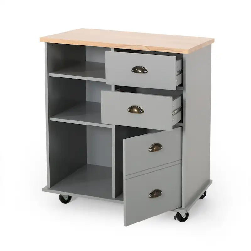 Modern Kitchen Cart with Rubberwood Top, Cabinet Storage, Four Drawers, Three Open Shelves and Lockable Rolling Casters