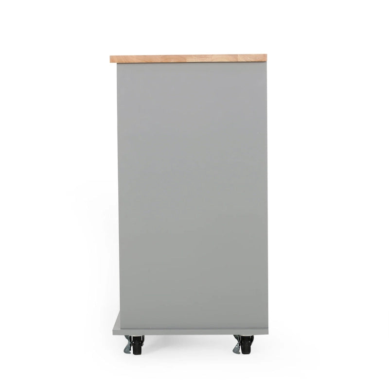 Modern Kitchen Cart with Rubberwood Top, Cabinet Storage, Four Drawers, Three Open Shelves and Lockable Rolling Casters