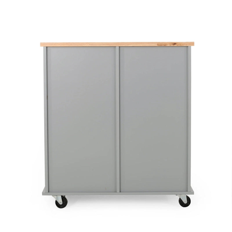 Modern Kitchen Cart with Rubberwood Top, Cabinet Storage, Four Drawers, Three Open Shelves and Lockable Rolling Casters