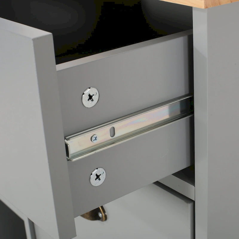 Modern Kitchen Cart with Rubberwood Top, Cabinet Storage, Four Drawers, Three Open Shelves and Lockable Rolling Casters