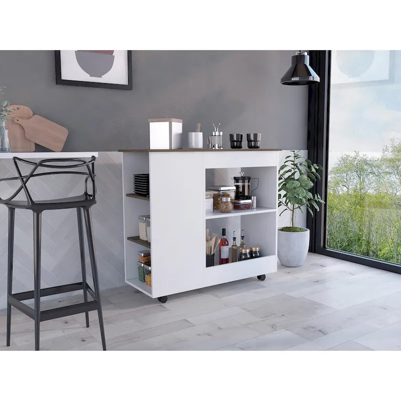 Arizona Kitchen Cart with 2 Storage Shelves, 3 Side Shelves, and 4 Casters