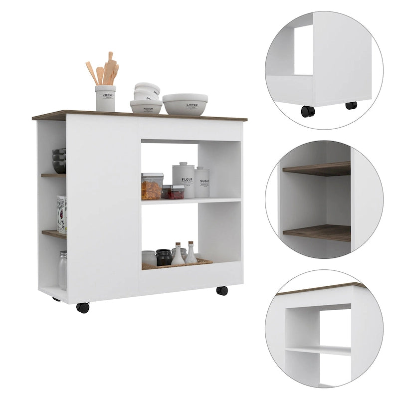 Arizona Kitchen Cart with 2 Storage Shelves, 3 Side Shelves, and 4 Casters