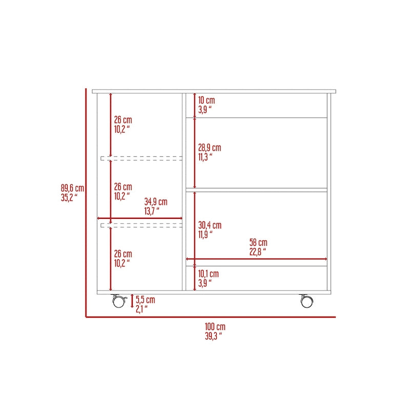 Arizona Kitchen Cart with 2 Storage Shelves, 3 Side Shelves, and 4 Casters
