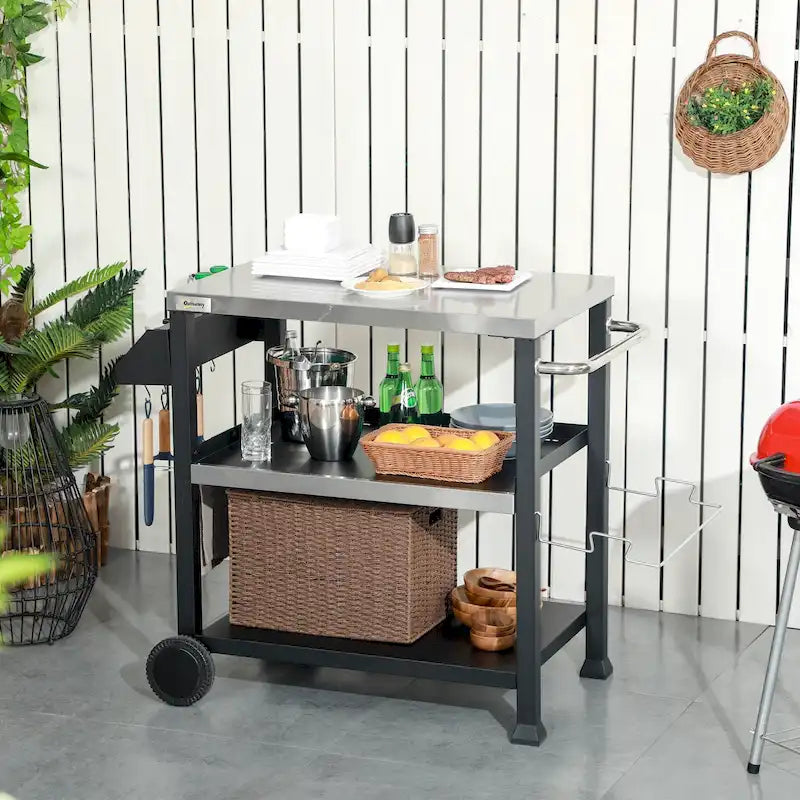 Desserte de barbecue extérieure à 3 étagères avec plateau en acier inoxydable, poignée latérale, support multifonctionnel pour four à pizza 32 x 20.5