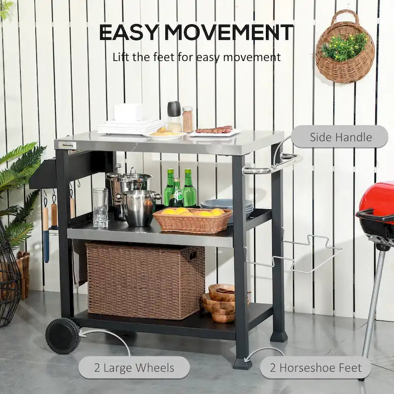 Desserte de barbecue extérieure à 3 étagères avec plateau en acier inoxydable, poignée latérale, support multifonctionnel pour four à pizza 32 x 20.5