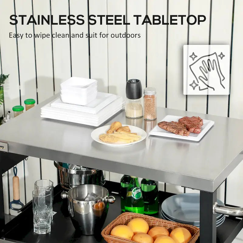 Desserte de barbecue extérieure à 3 étagères avec plateau en acier inoxydable, poignée latérale, support multifonctionnel pour four à pizza 32 x 20.5