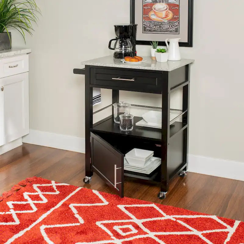 Black Wood/ Granite Top Kitchen Cart
