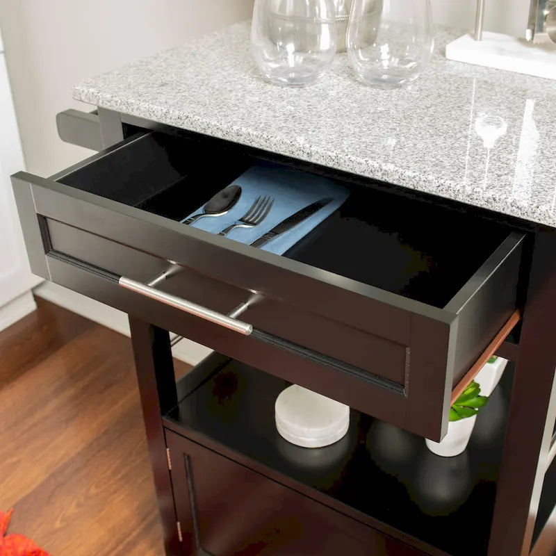 Black Wood/ Granite Top Kitchen Cart