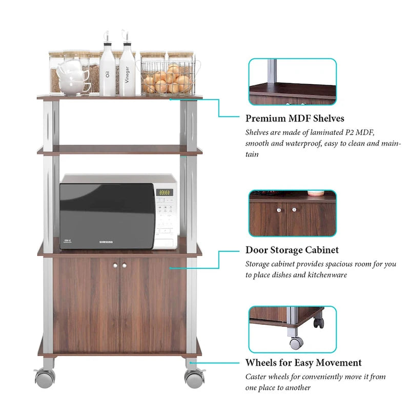 Rolling Kitchen Baker Rack Microwave Oven Stand Utility Shelf with Wheels