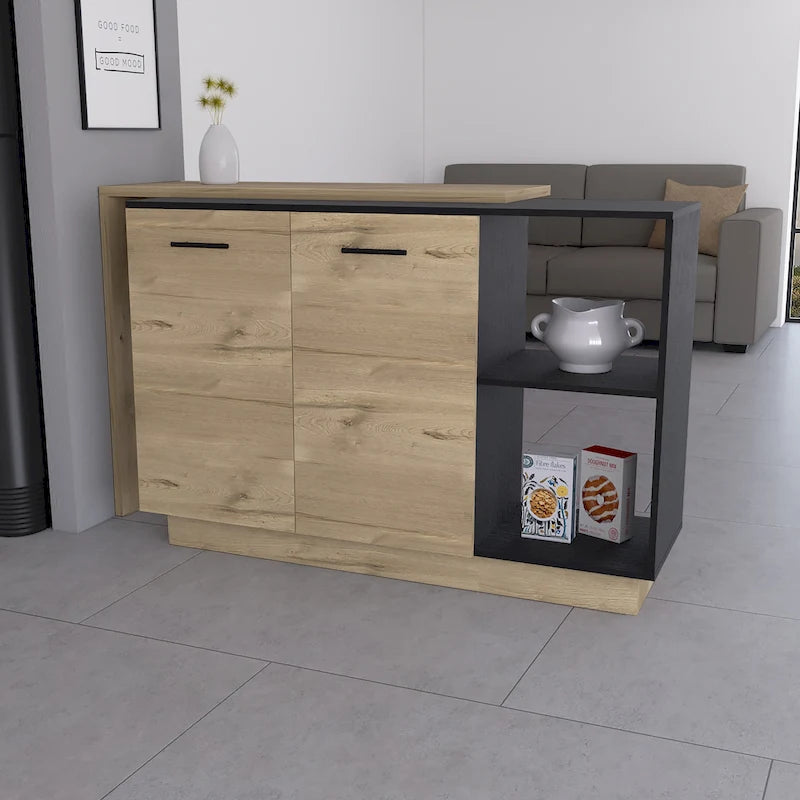 Kitchen Island with Two-Level Countertop, Two Cabinets, Open Shelves