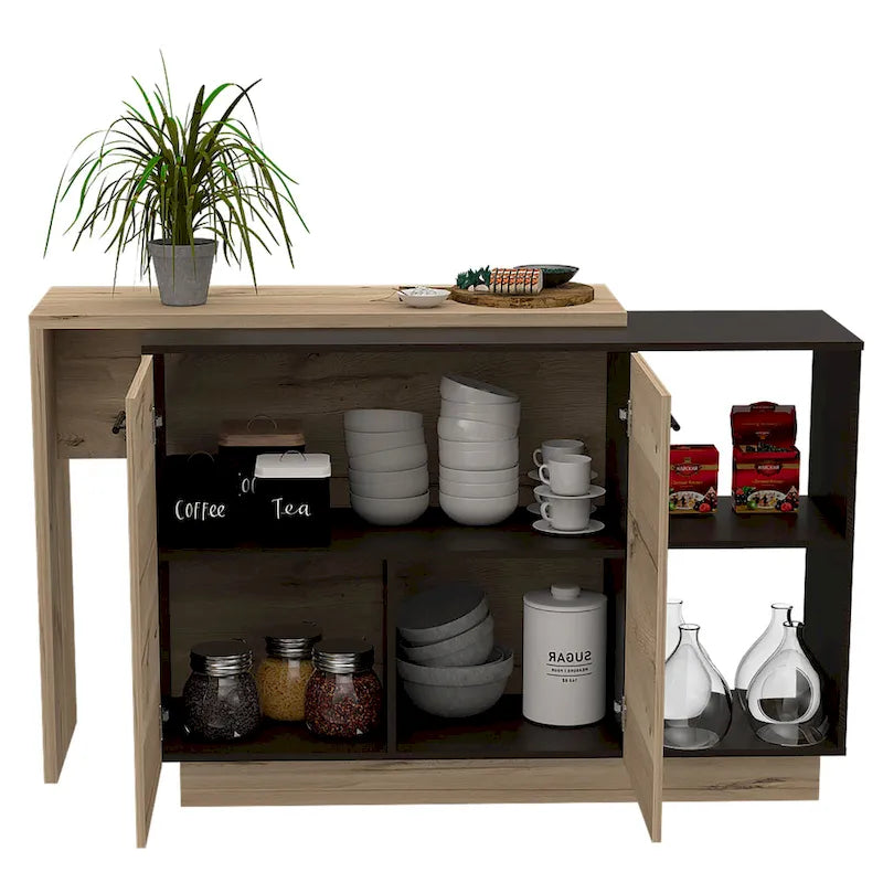Kitchen Island with Two-Level Countertop, Two Cabinets, Open Shelves