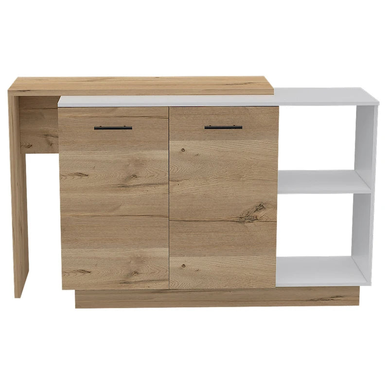 Kitchen Island with Two-Level Countertop, Two Cabinets, Open Shelves