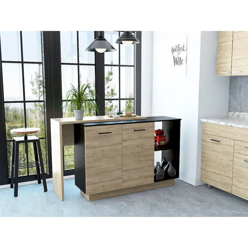 Kitchen Island with Two-Level Countertop, Two Cabinets, Open Shelves