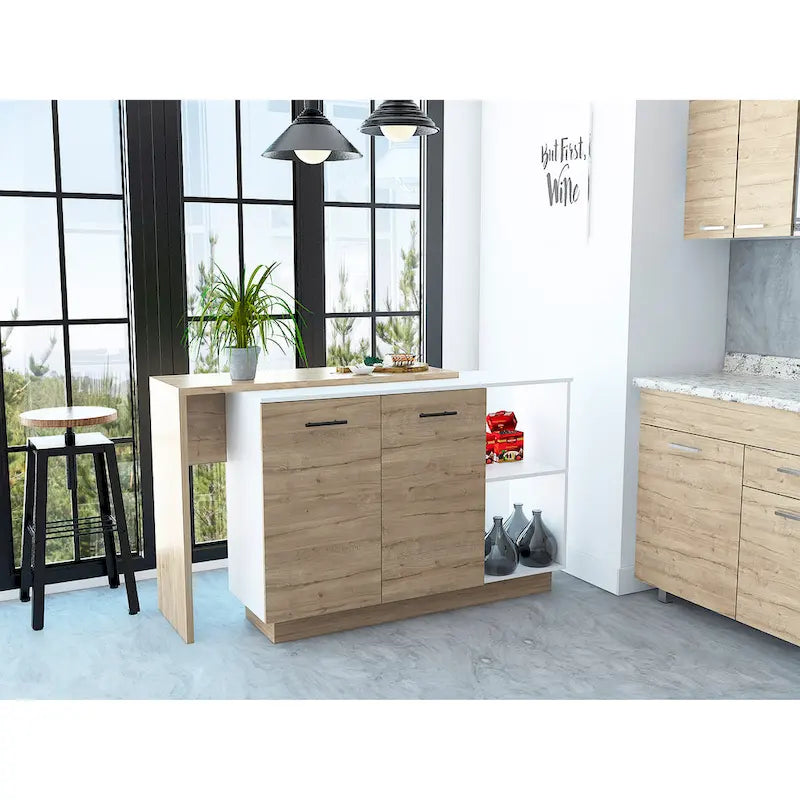 Kitchen Island with Two-Level Countertop, Two Cabinets, Open Shelves