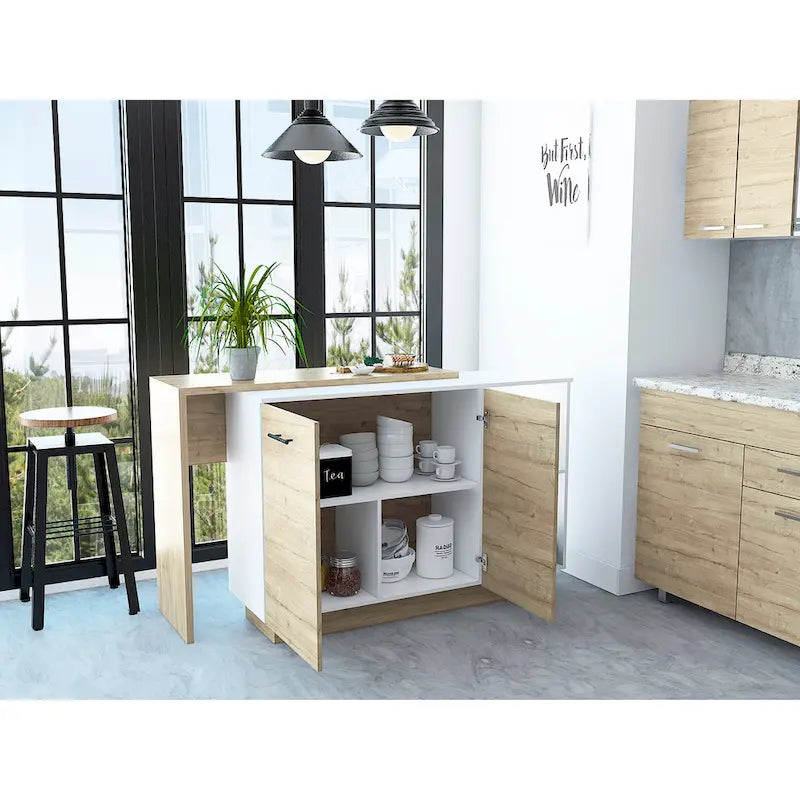 Kitchen Island with Two-Level Countertop, Two Cabinets, Open Shelves