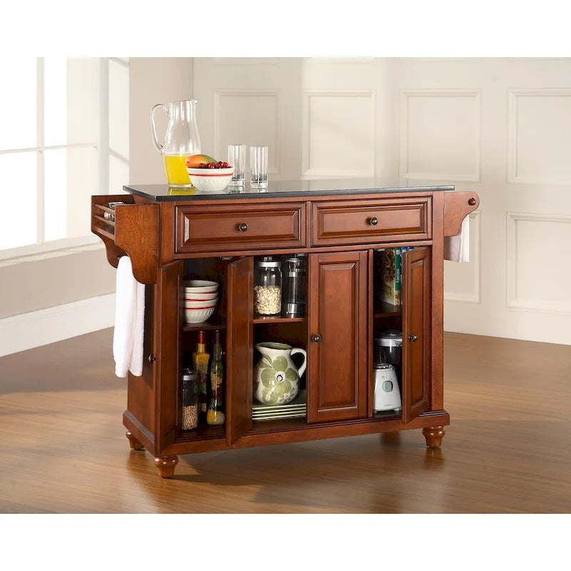 Solid Black Granite Top Kitchen Island in Classic Cherry Finish - 51.5W x 18D x 36H