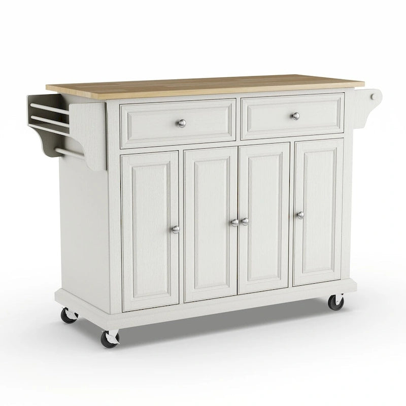 Full Size White Natural Wood Top Kitchen Cart Island - 18"D x 51.5"W x 36"H