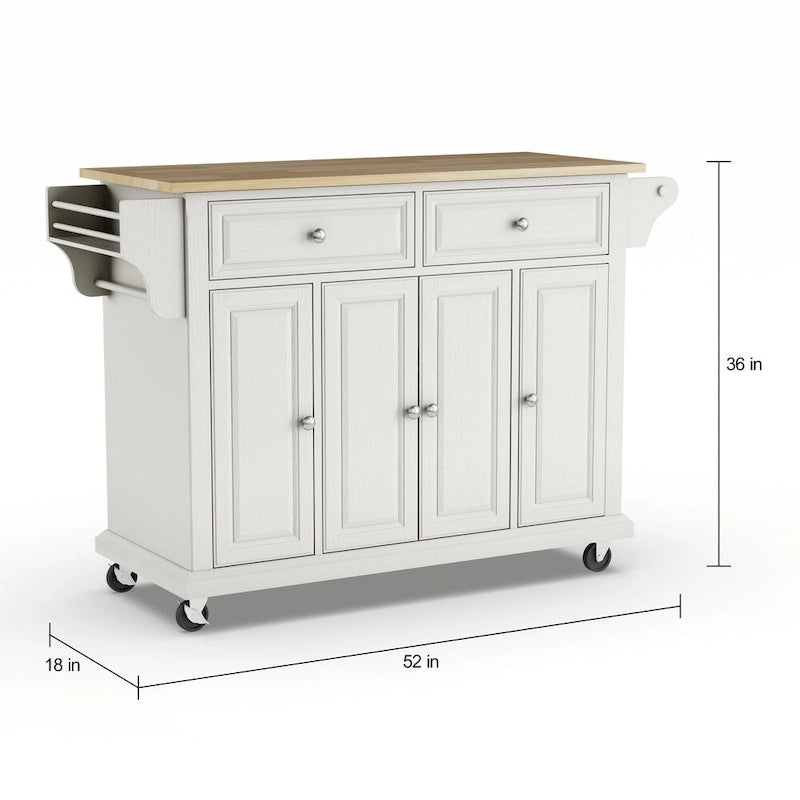 Full Size White Natural Wood Top Kitchen Cart Island - 18"D x 51.5"W x 36"H