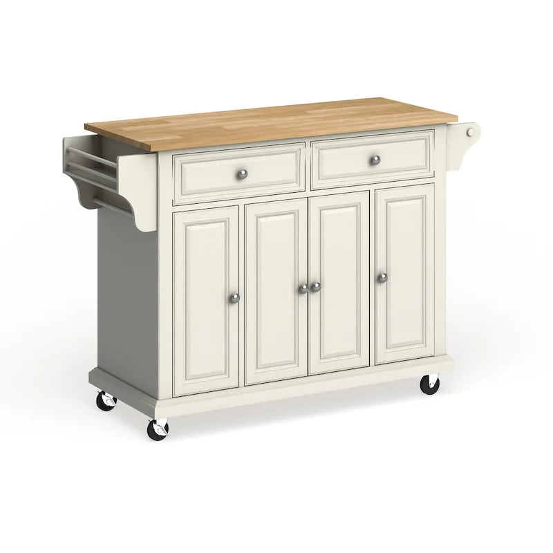 Full Size White Natural Wood Top Kitchen Cart Island - 18"D x 51.5"W x 36"H
