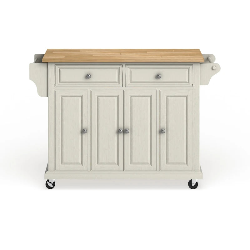 Full Size White Natural Wood Top Kitchen Cart Island - 18"D x 51.5"W x 36"H