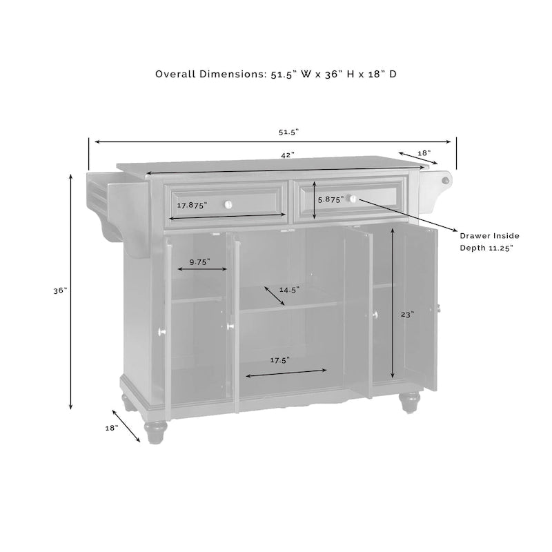 Granite Top Full Size Kitchen Island - 18"D x 51.5"W x 36"H