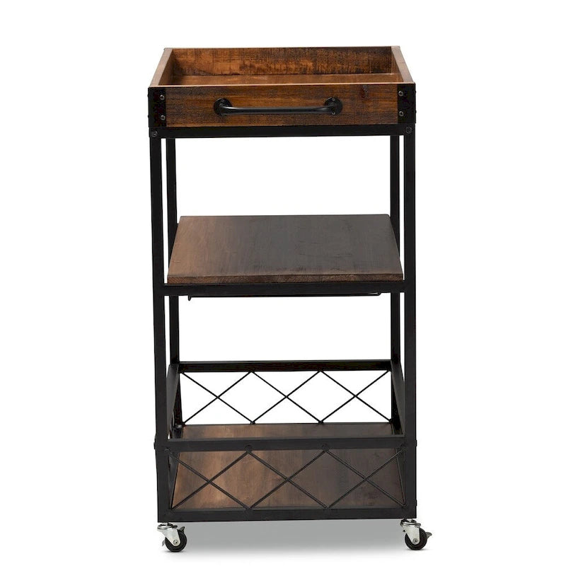 Industrial Oak Brown Bar Cart with Stemware Rack