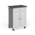 Compact White Wood Portable Kitchen Cart with Stainless Steel Top