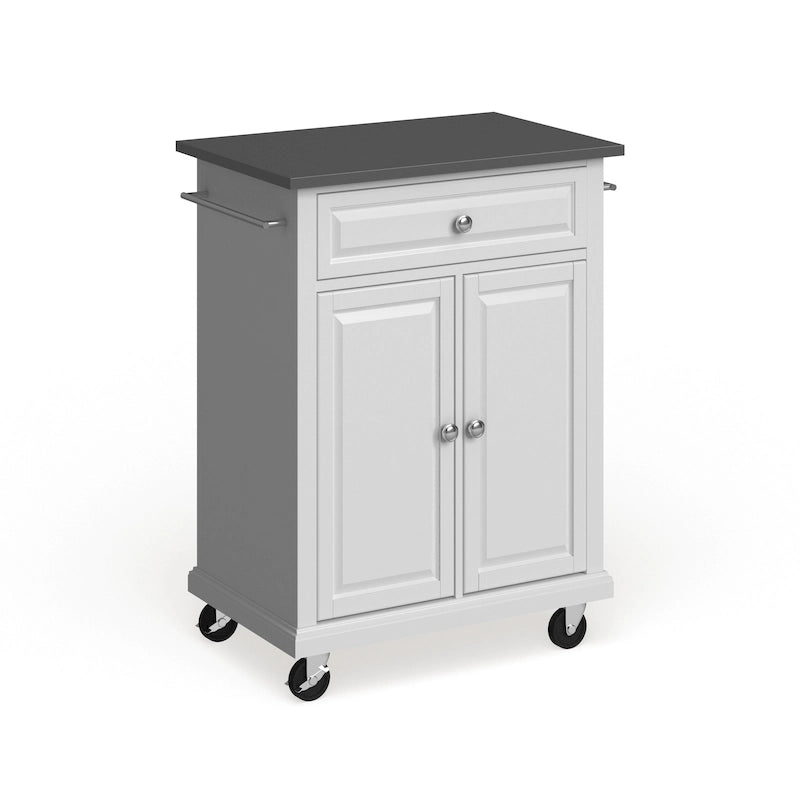 Compact White Wood Portable Kitchen Cart with Stainless Steel Top
