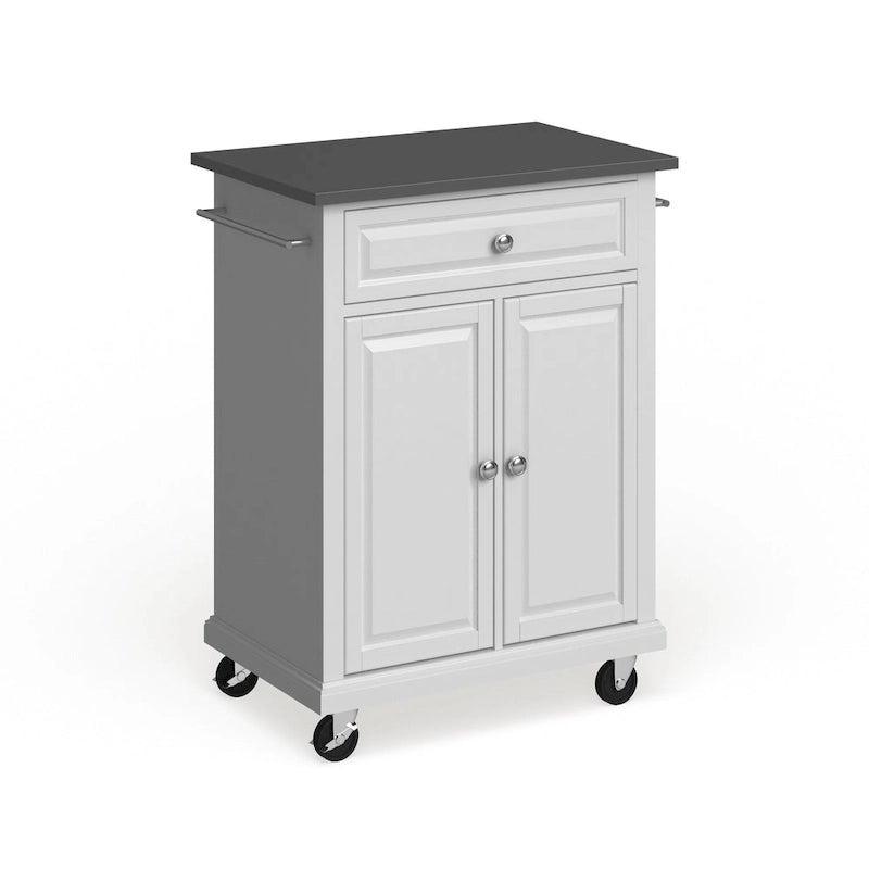 Compact White Wood Portable Kitchen Cart with Stainless Steel Top
