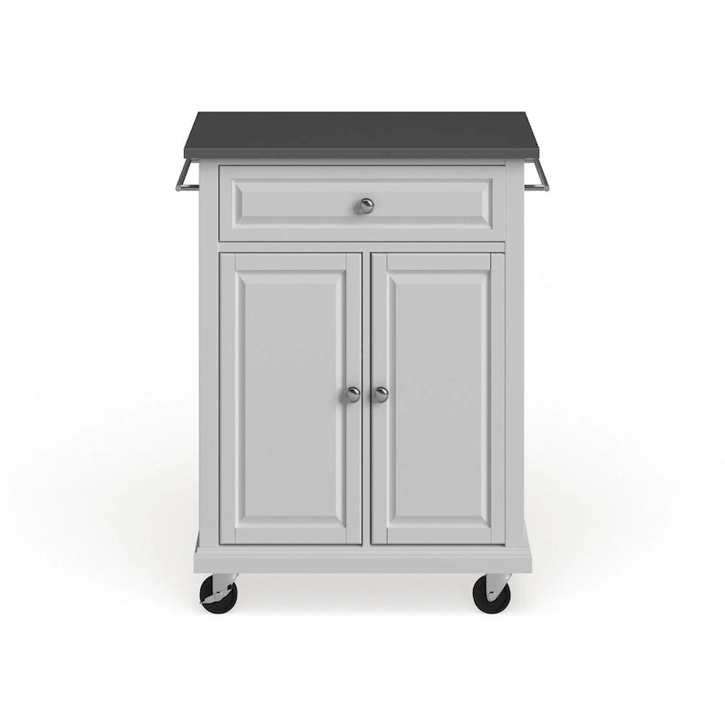 Compact White Wood Portable Kitchen Cart with Stainless Steel Top