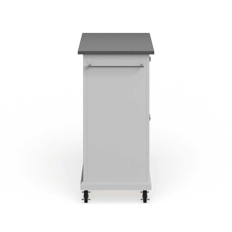 Compact White Wood Portable Kitchen Cart with Stainless Steel Top
