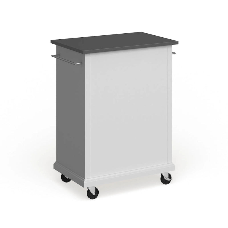 Compact White Wood Portable Kitchen Cart with Stainless Steel Top