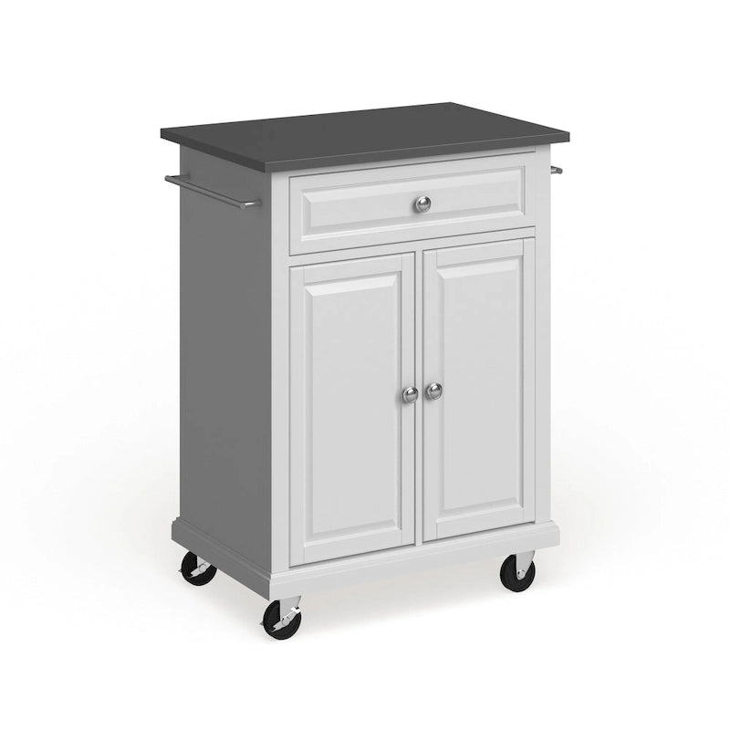 Compact White Wood Portable Kitchen Cart with Stainless Steel Top